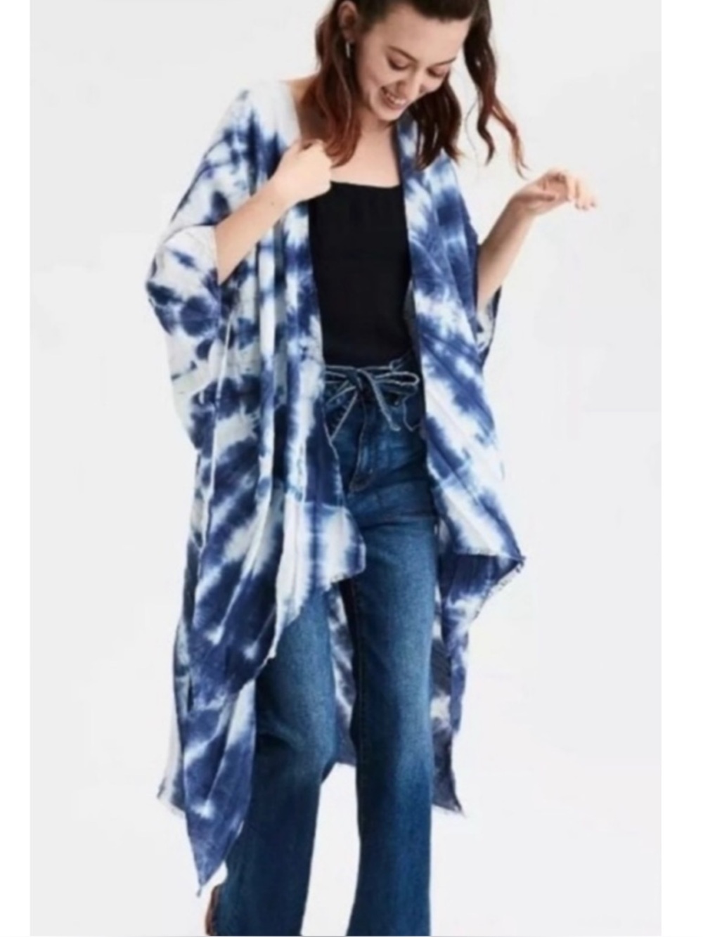 American Eagle Oversized Blue & White Tie Dye Fringe Kimono Boho Festival